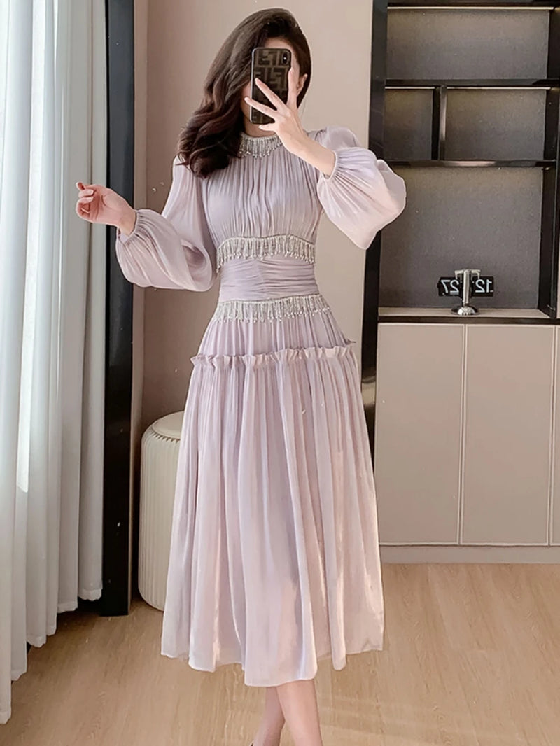 French Luxury Folds Bright Silk Party Midi Dresses for Women'S Stand Lantern Sleeve Diamonds Tassels Prom Clothes Vestidos Robe