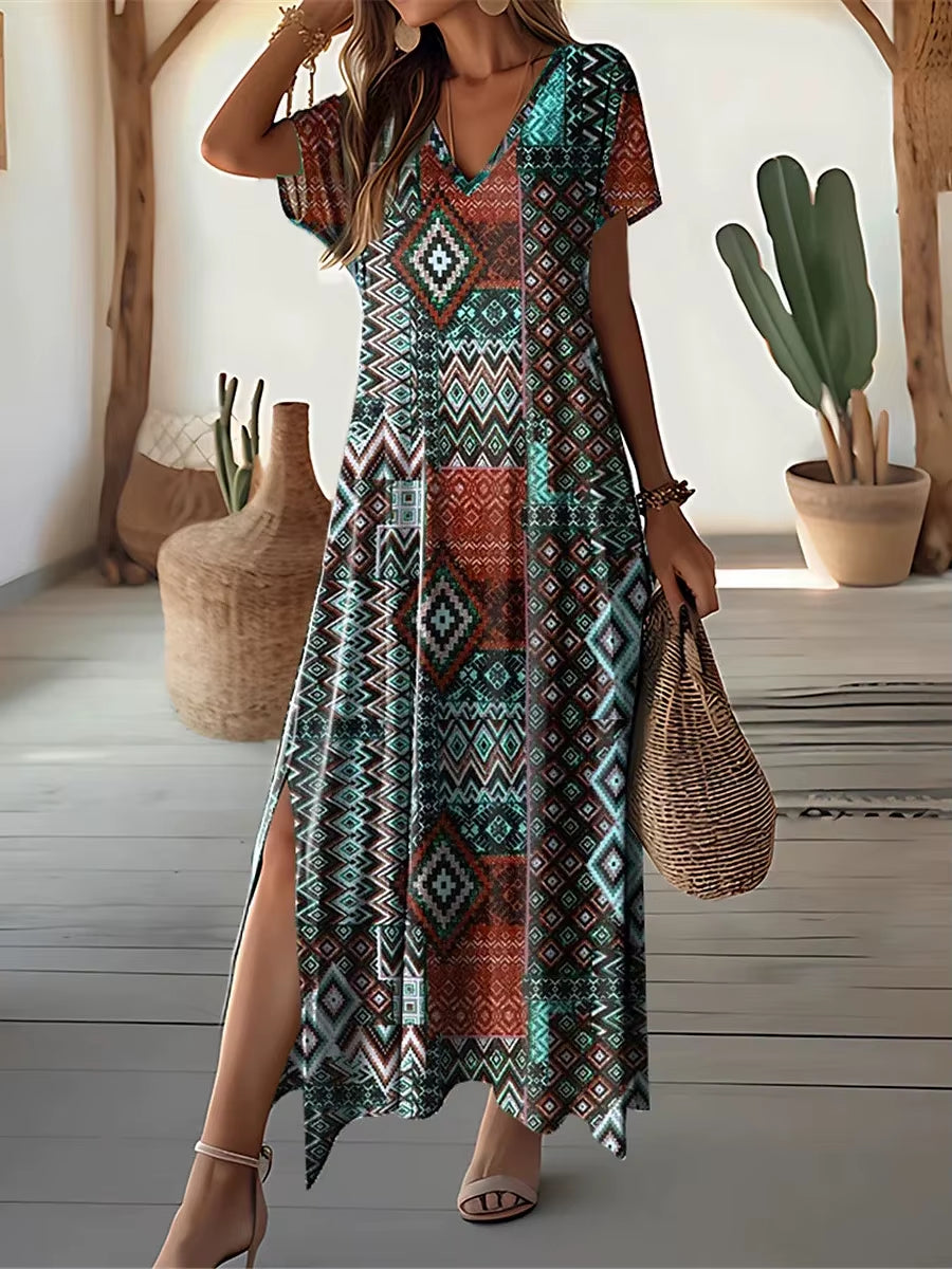 Retro Floral Print Dresses for Women'S plus Size V-Neck Female Long Dresses Elegant Short Sleeve Dress Fashion Summer 2024