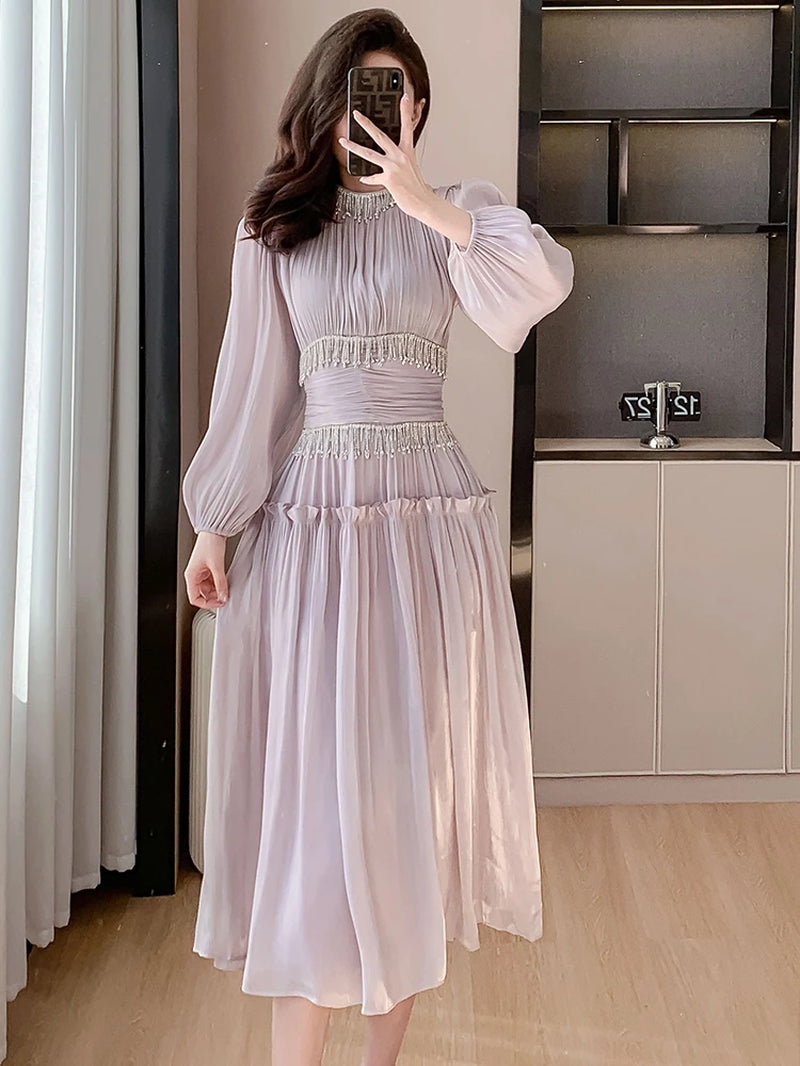 French Luxury Folds Bright Silk Party Midi Dresses for Women'S Stand Lantern Sleeve Diamonds Tassels Prom Clothes Vestidos Robe