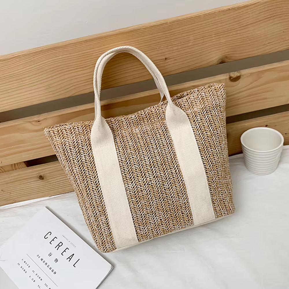 Women Casual Rattan Handbags Fashion Summer Beach Straw Bag Wicker Woven Shoulder Bags Large Capacity Tote Travel Bag