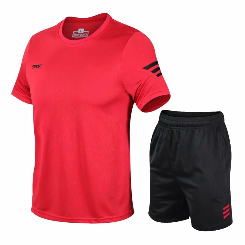 Men Running Sets Gym Fitness Short Sleeve Sports Suit Jogging Sportswear Quick Dry Football Jersey Tracksuit Workout Clothes