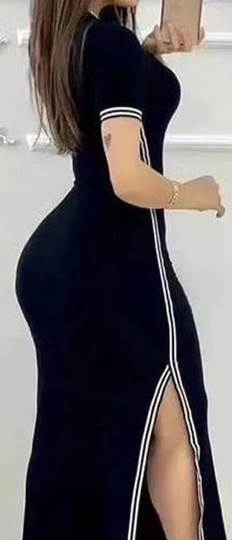Womens Dresses 2023 Summer Fashion Striped High Slit Casual O-Neck Short Sleeve Daily Skinny Maxi a Line Dress Woman Clothing