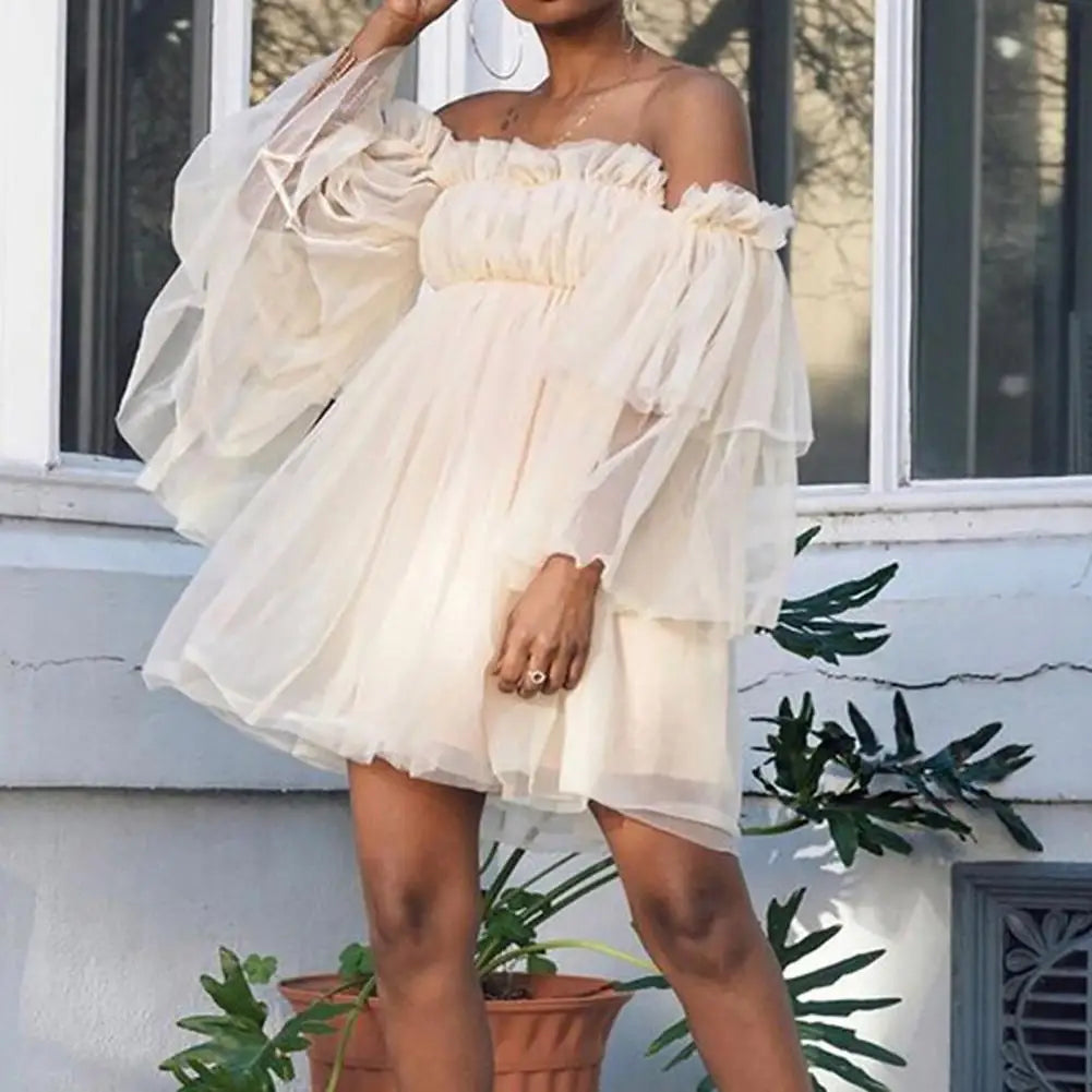 Sweet Style Dress High Waist Tube Top Dress Elegant off Shoulder Mesh Layered A-Line Dress with Long Sleeves for Women for Prom