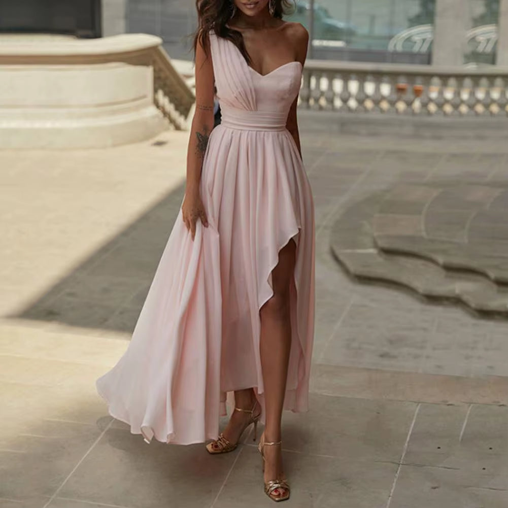 Chest Wrapped Sleeveless Evening Dress Elegant Waist Tight High-Waist Women Dress One Shoulder Irregular Flowy Hem Party Dress