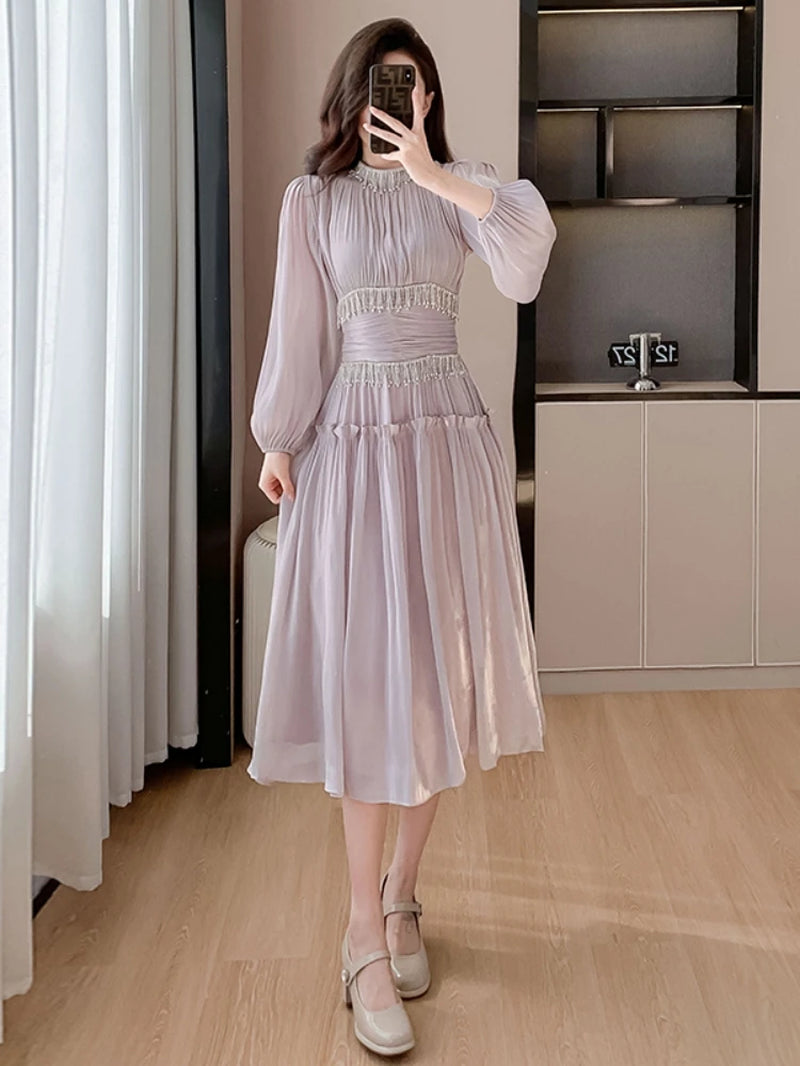 French Luxury Folds Bright Silk Party Midi Dresses for Women'S Stand Lantern Sleeve Diamonds Tassels Prom Clothes Vestidos Robe