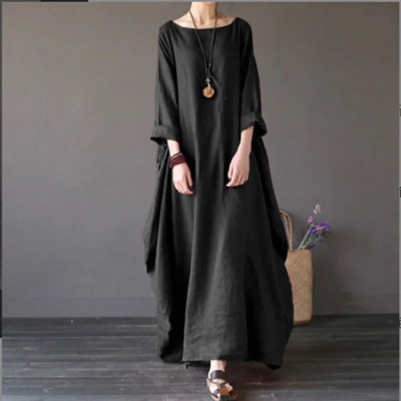2022 Spring New Loose Size round Neck Mid-Sleeve Large Swing Cotton and Linen Long Dress