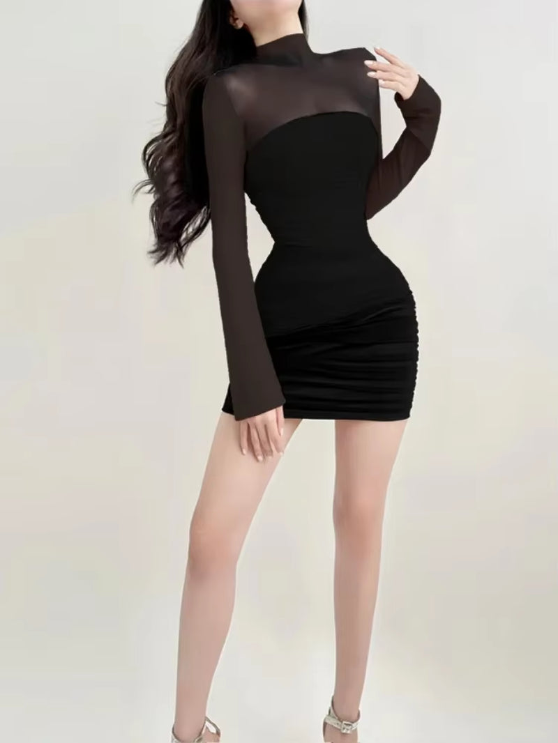 See through Black Bodycon Dress for Women Clothing Slim Sexy Streetwear Long Sleeve Vestidos De Mujer Patchwork Fashion Outfits