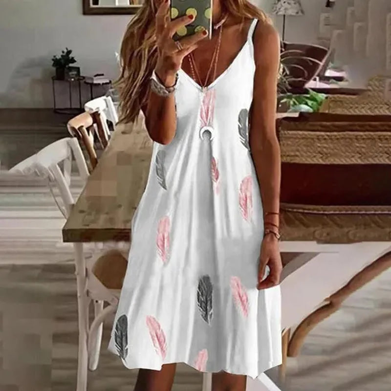 Fashion Women Feather Printed Sleeveless Dresses Comfy Casual Dresses Ladies Elegant Dresses Summer Beach Dresses plus Size XS-5XL