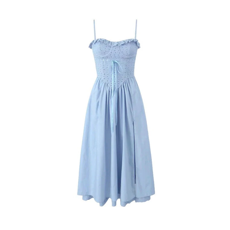 Fashion Summer Dresses 2024 Blue Midi Crochet Dress Elegant Sexy Spaghetti Strap Bustier Dress for Party Club