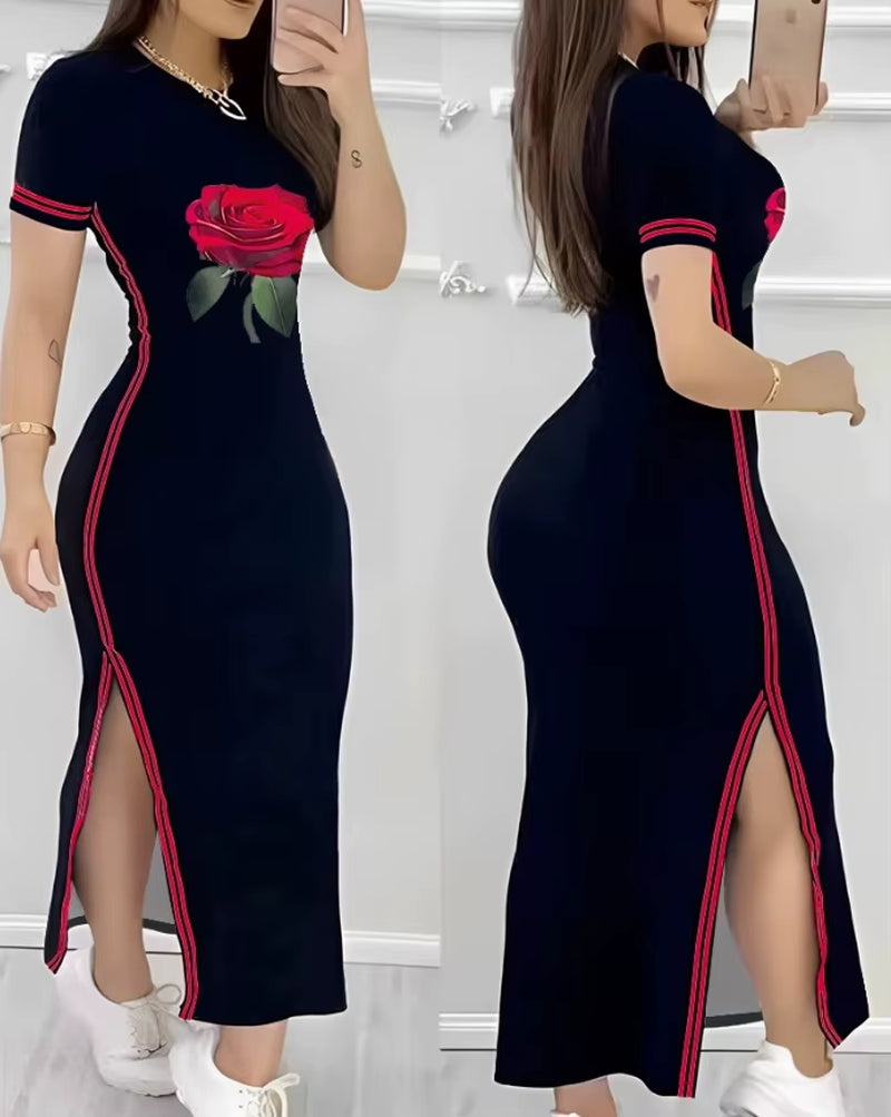 Womens Dresses 2023 Summer Fashion Striped High Slit Casual O-Neck Short Sleeve Daily Skinny Maxi a Line Dress Woman Clothing