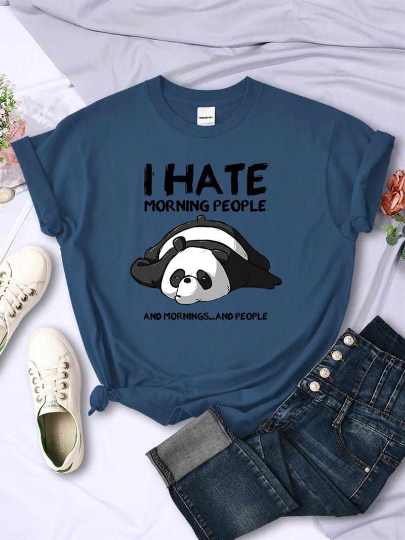 Lazy Panda I Hate Morning People Women Short Sleeve Fashion Creative All-Math Clothing Street Hip Hop O-Neck Tops Womans T-Shirt
