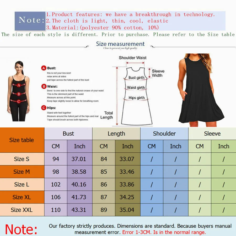 2024 New Summer Party Black or Blue Loose Pocket Beach Dress Spring Women Sleeveless plus Size round Neck Solid Dresses Woman