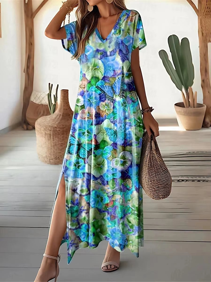 Retro Floral Print Dresses for Women'S plus Size V-Neck Female Long Dresses Elegant Short Sleeve Dress Fashion Summer 2024