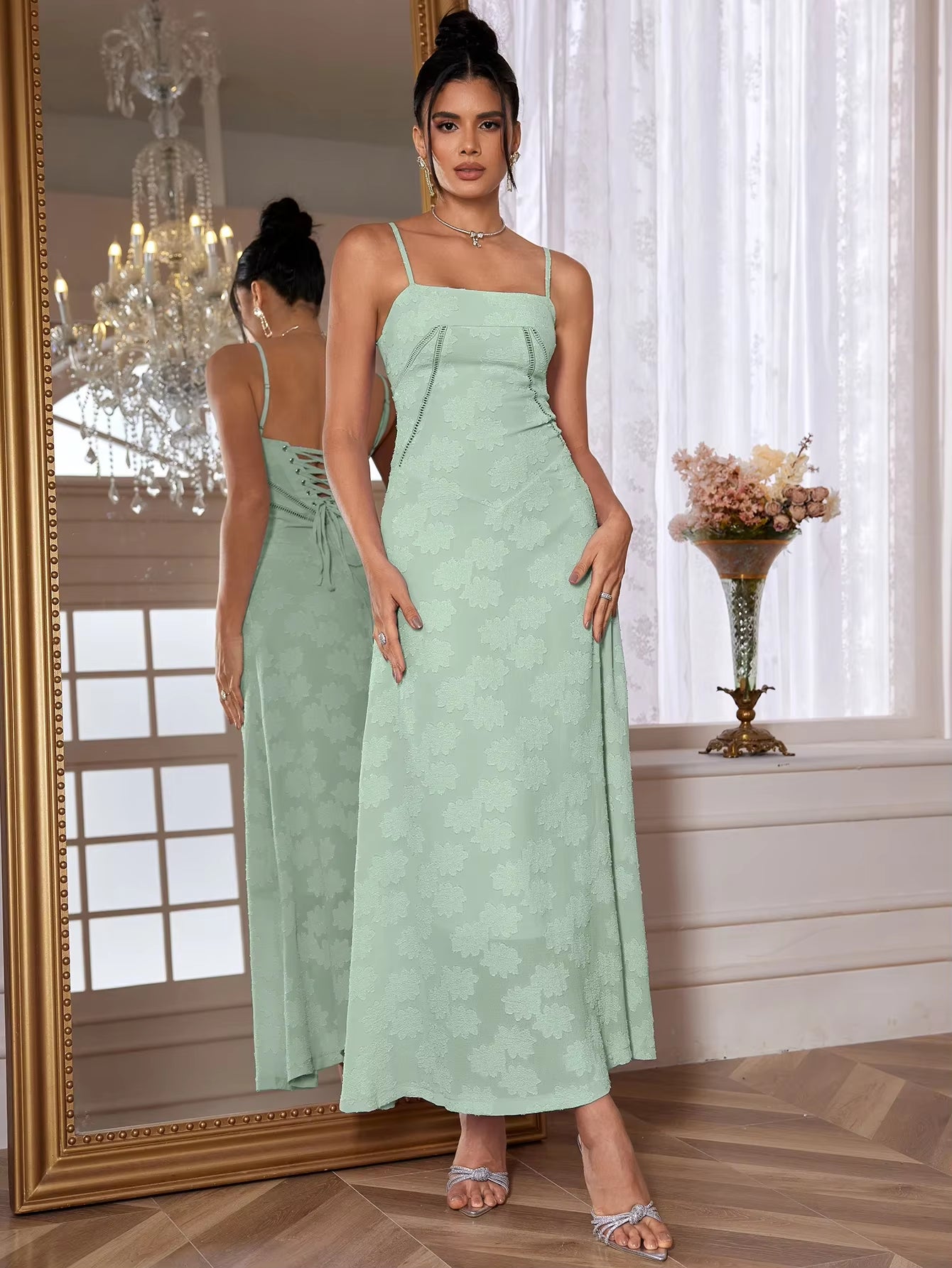 Dropshipping Summer Elegant Maxi Dress 2024 Women Wedding Guest Dress Lace up Party Dresses Green Spaghetti Strap Long Dress