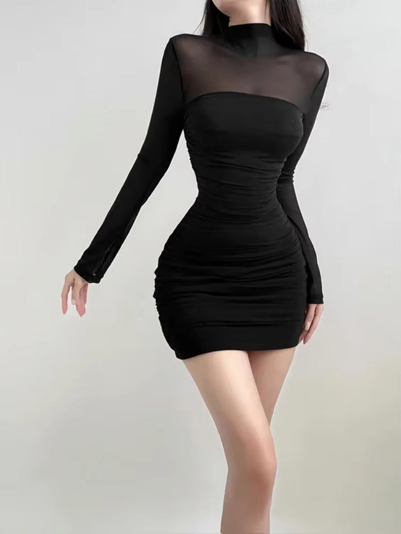 See through Black Bodycon Dress for Women Clothing Slim Sexy Streetwear Long Sleeve Vestidos De Mujer Patchwork Fashion Outfits