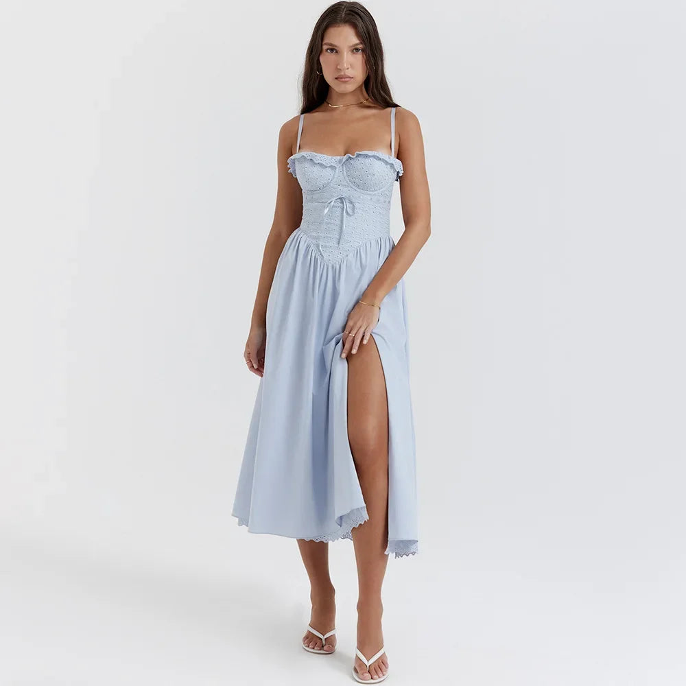 Fashion Summer Dresses 2024 Blue Midi Crochet Dress Elegant Sexy Spaghetti Strap Bustier Dress for Party Club