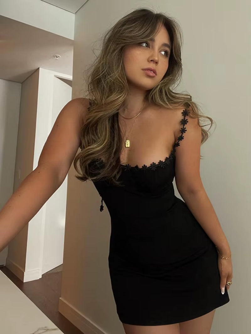 Bodycon Summer Dress for Women Y2K Clothes Slash Neck Vestidos Elegantes Para Mujer Flower Straps Black Camisole Sexy Streetwear