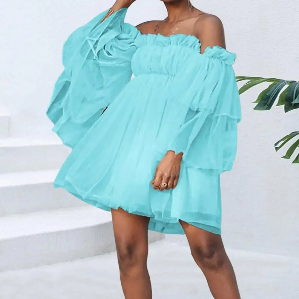 Sweet Style Dress High Waist Tube Top Dress Elegant off Shoulder Mesh Layered A-Line Dress with Long Sleeves for Women for Prom