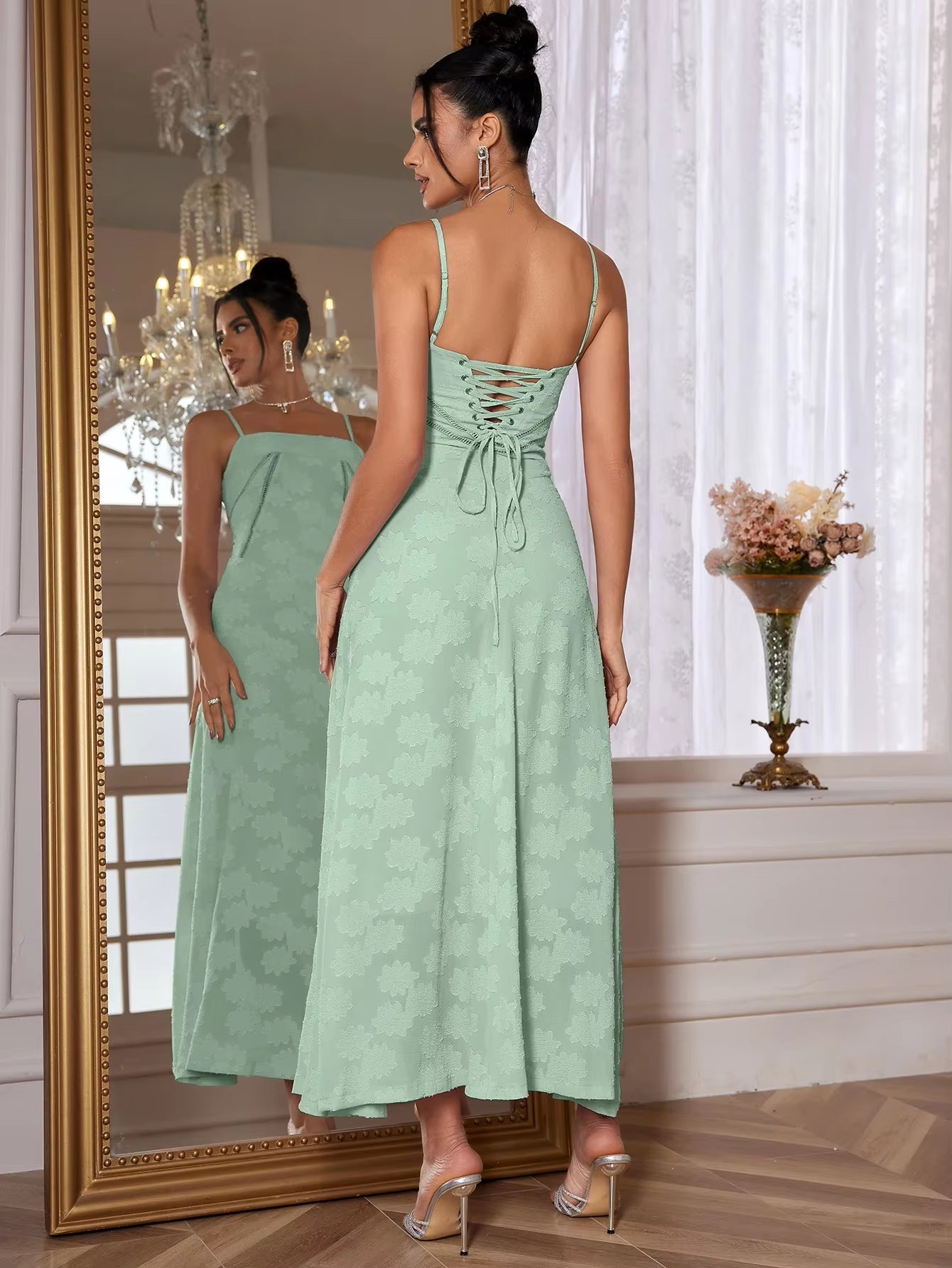 Dropshipping Summer Elegant Maxi Dress 2024 Women Wedding Guest Dress Lace up Party Dresses Green Spaghetti Strap Long Dress