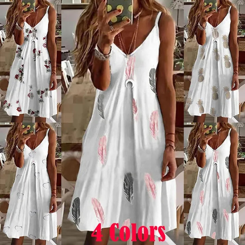 Fashion Women Feather Printed Sleeveless Dresses Comfy Casual Dresses Ladies Elegant Dresses Summer Beach Dresses plus Size XS-5XL