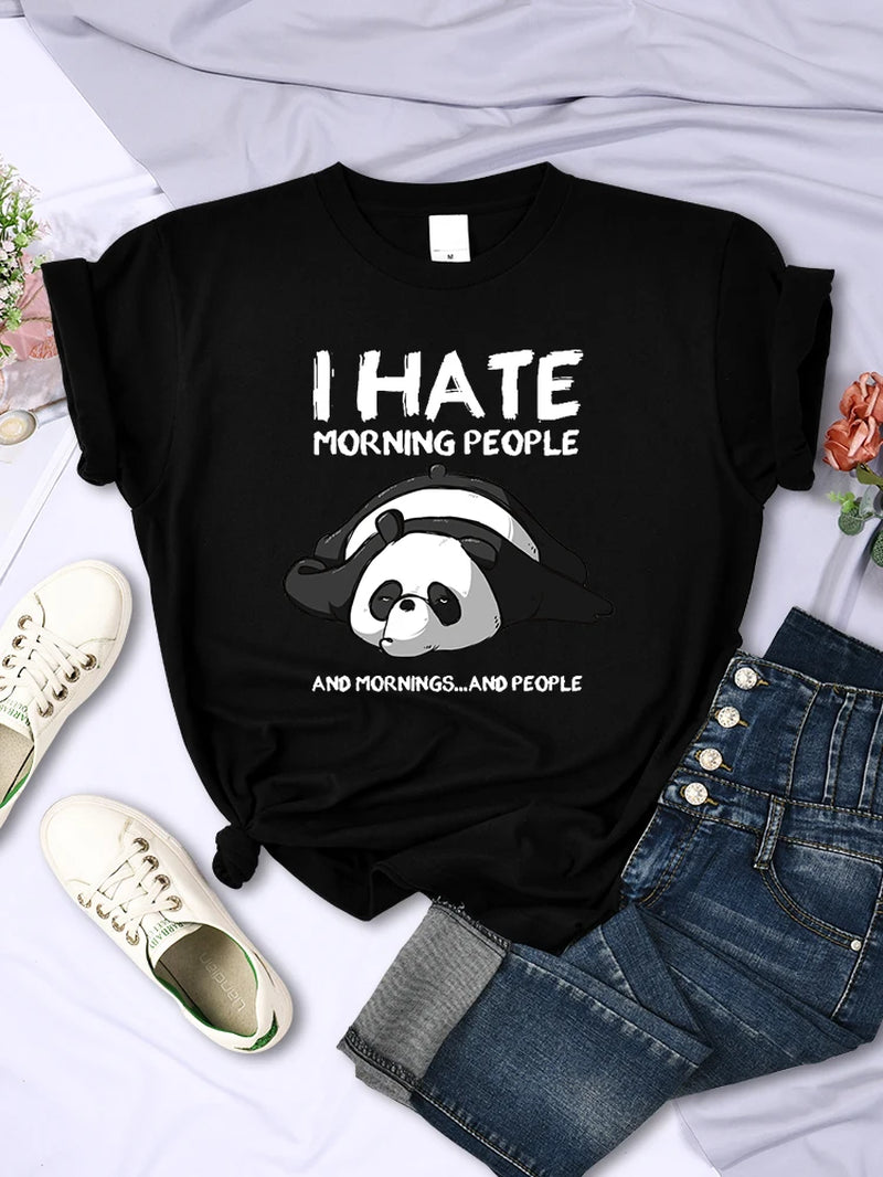 Lazy Panda I Hate Morning People Women Short Sleeve Fashion Creative All-Math Clothing Street Hip Hop O-Neck Tops Womans T-Shirt