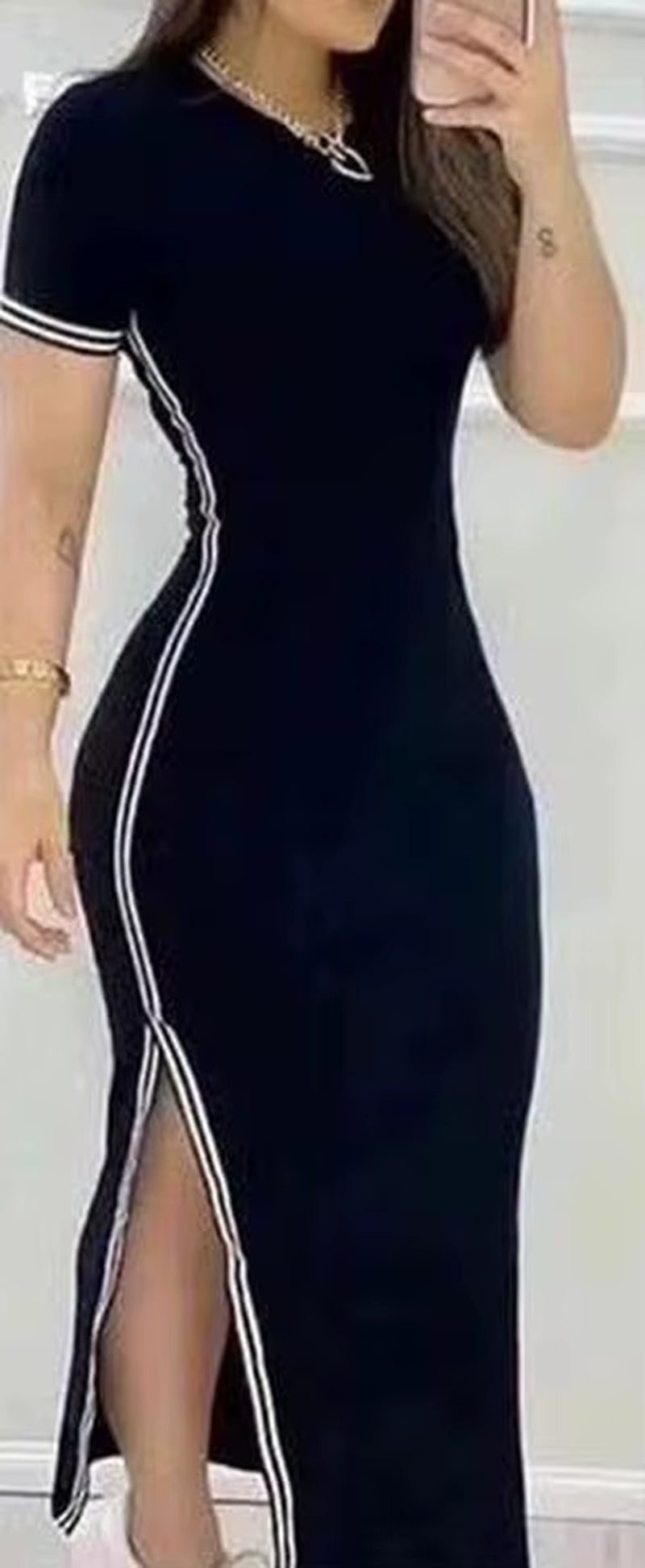 Womens Dresses 2023 Summer Fashion Striped High Slit Casual O-Neck Short Sleeve Daily Skinny Maxi a Line Dress Woman Clothing