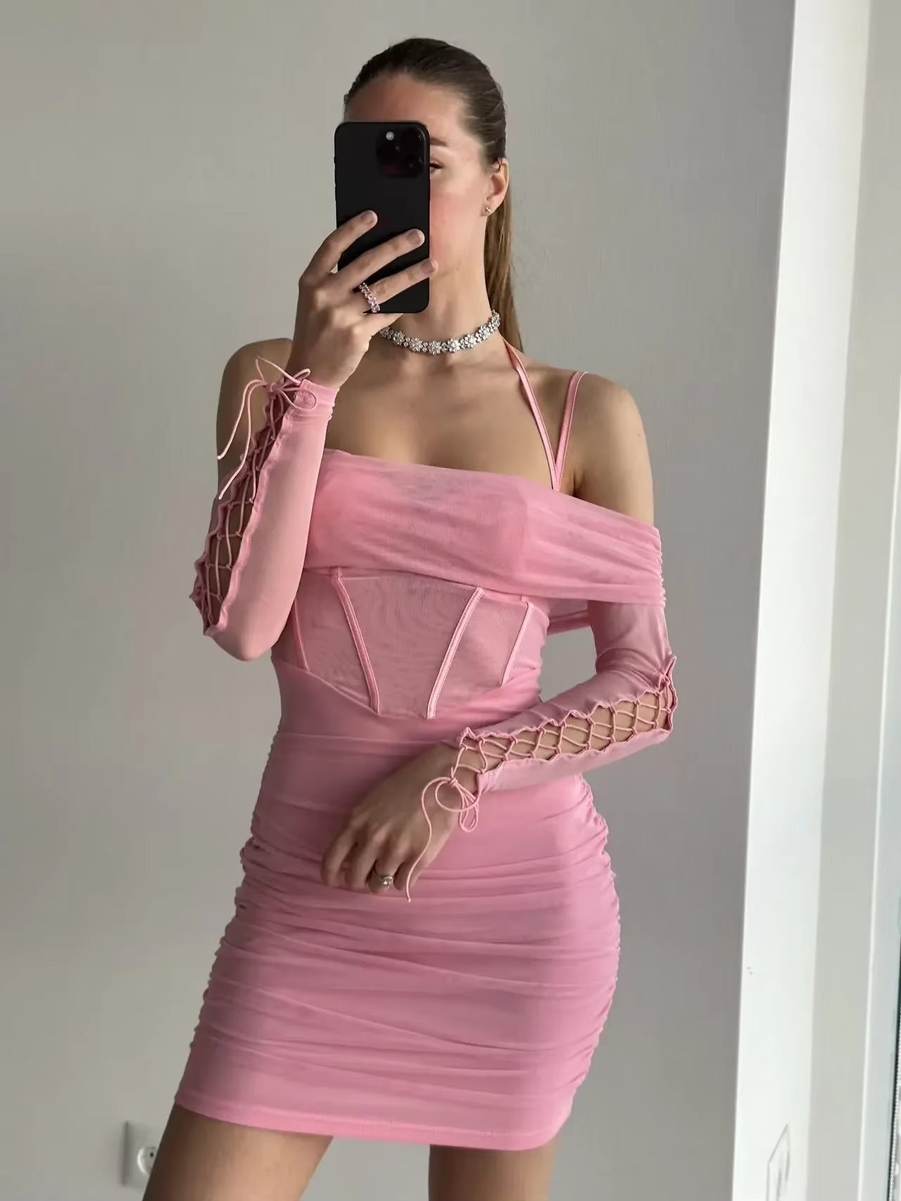 Mingmingxi Elegant off the Shoulder Mesh Dress Sexy Halter Boning Bodycon Birthday Party Dresses Pink Summer Dresses Women