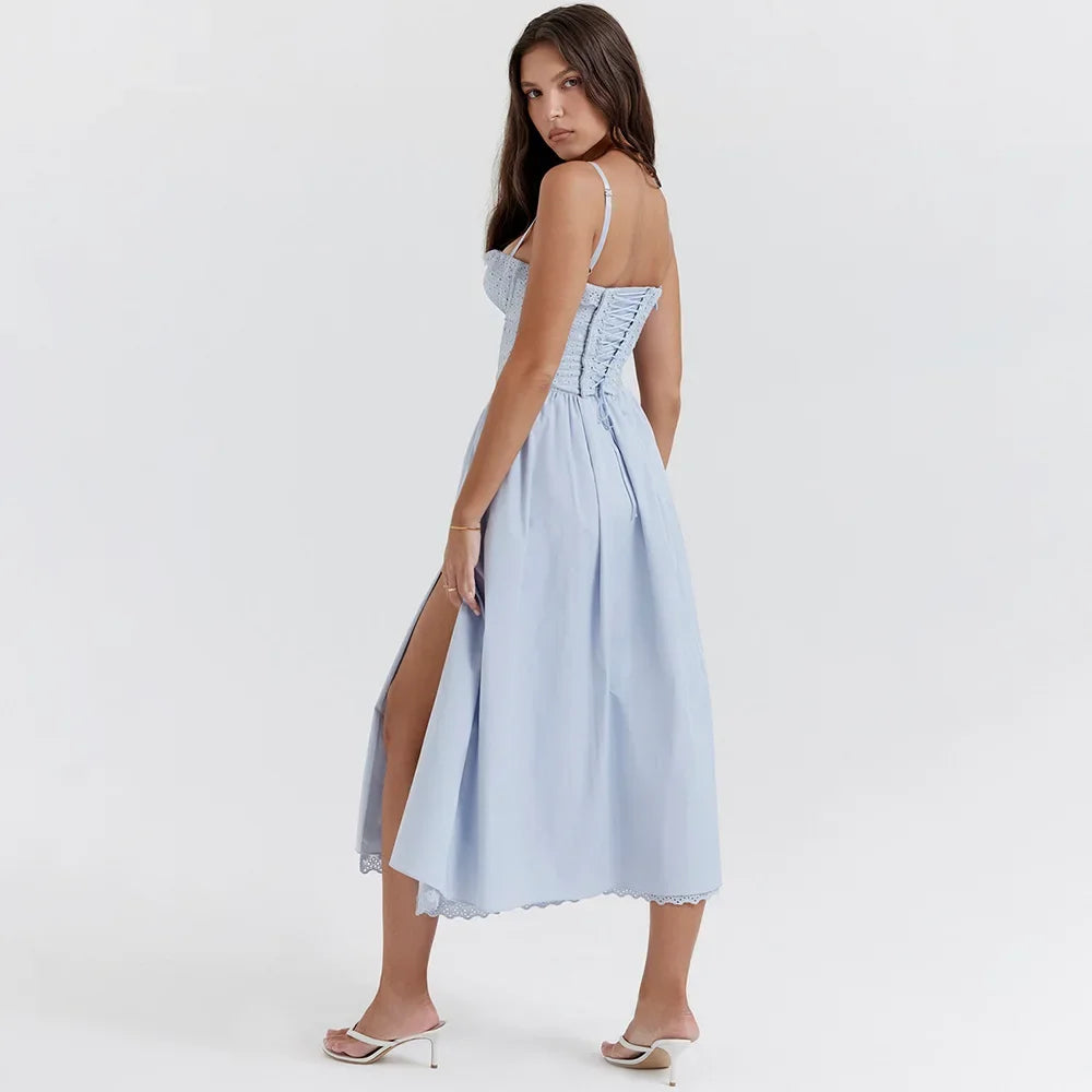 Fashion Summer Dresses 2024 Blue Midi Crochet Dress Elegant Sexy Spaghetti Strap Bustier Dress for Party Club