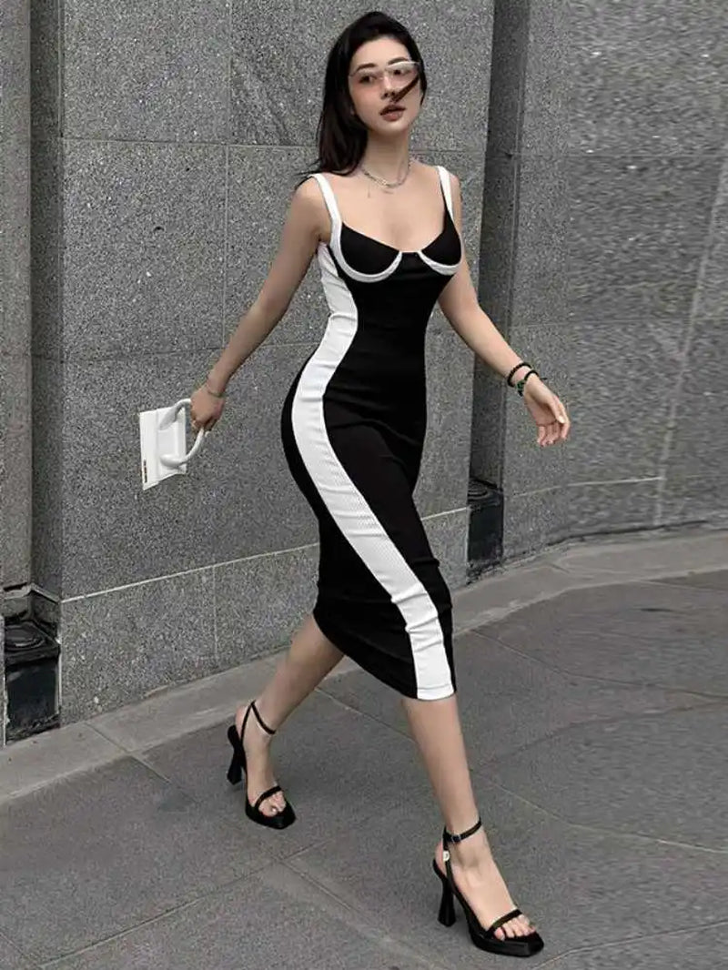 Women'S Color Blocking Summer Dress, Spaghetti Straps, Bodycon, Sexy, Mid-Calf, Streetwear, Clothing