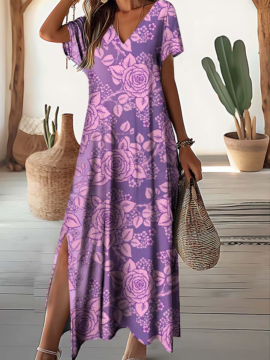 Retro Floral Print Dresses for Women'S plus Size V-Neck Female Long Dresses Elegant Short Sleeve Dress Fashion Summer 2024
