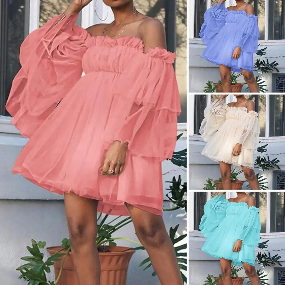 Sweet Style Dress High Waist Tube Top Dress Elegant off Shoulder Mesh Layered A-Line Dress with Long Sleeves for Women for Prom