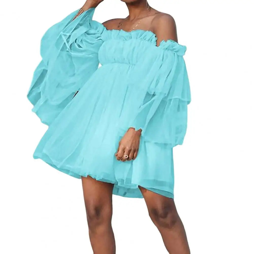 Sweet Style Dress High Waist Tube Top Dress Elegant off Shoulder Mesh Layered A-Line Dress with Long Sleeves for Women for Prom