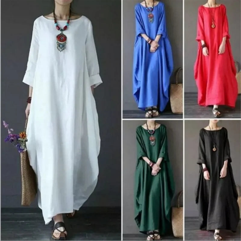 2022 Spring New Loose Size round Neck Mid-Sleeve Large Swing Cotton and Linen Long Dress