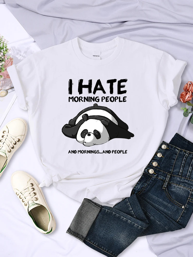 Lazy Panda I Hate Morning People Women Short Sleeve Fashion Creative All-Math Clothing Street Hip Hop O-Neck Tops Womans T-Shirt