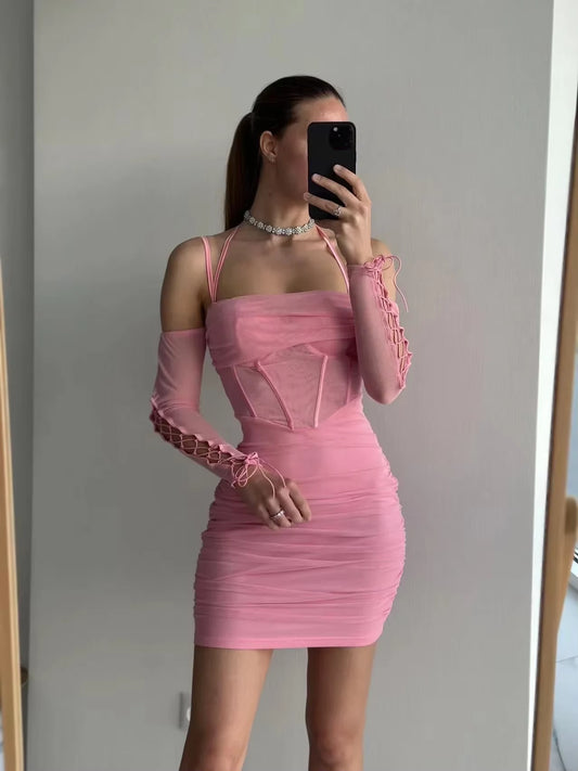 Mingmingxi Elegant off the Shoulder Mesh Dress Sexy Halter Boning Bodycon Birthday Party Dresses Pink Summer Dresses Women