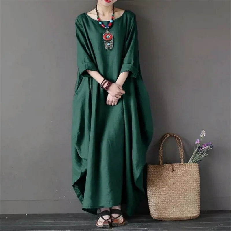 2022 Spring New Loose Size round Neck Mid-Sleeve Large Swing Cotton and Linen Long Dress