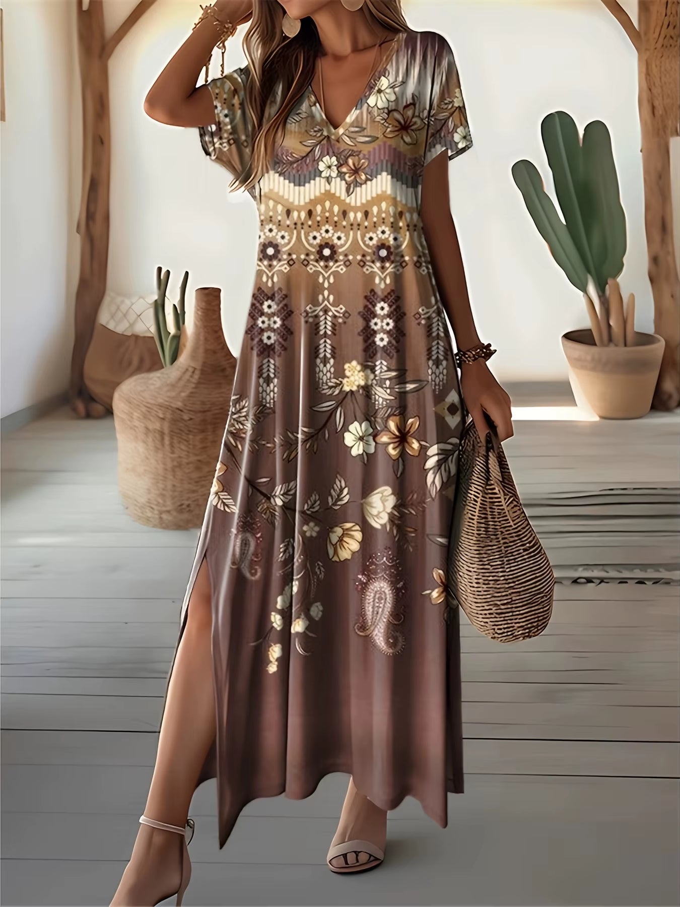 Retro Floral Print Dresses for Women'S plus Size V-Neck Female Long Dresses Elegant Short Sleeve Dress Fashion Summer 2024