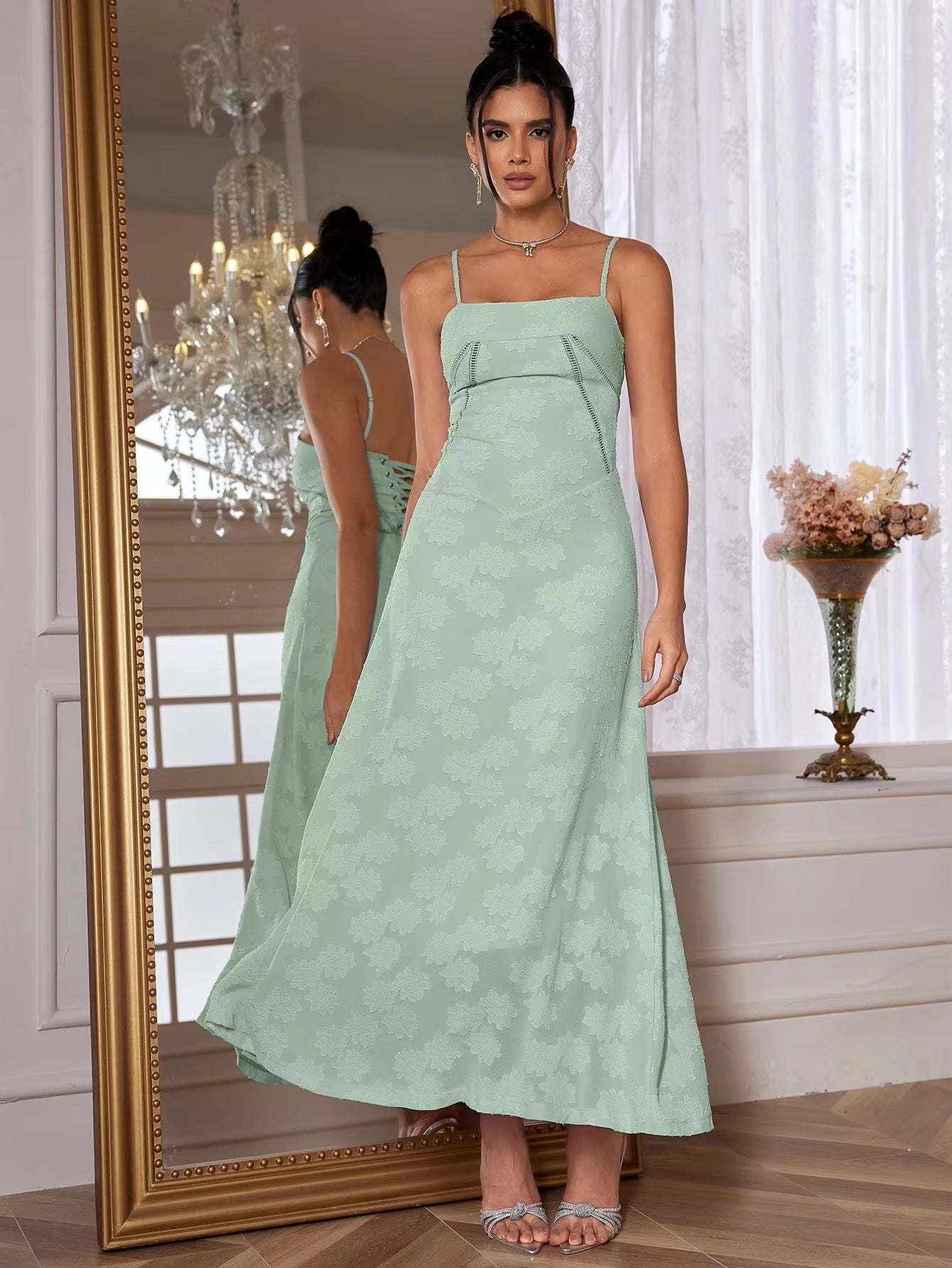 Dropshipping Summer Elegant Maxi Dress 2024 Women Wedding Guest Dress Lace up Party Dresses Green Spaghetti Strap Long Dress