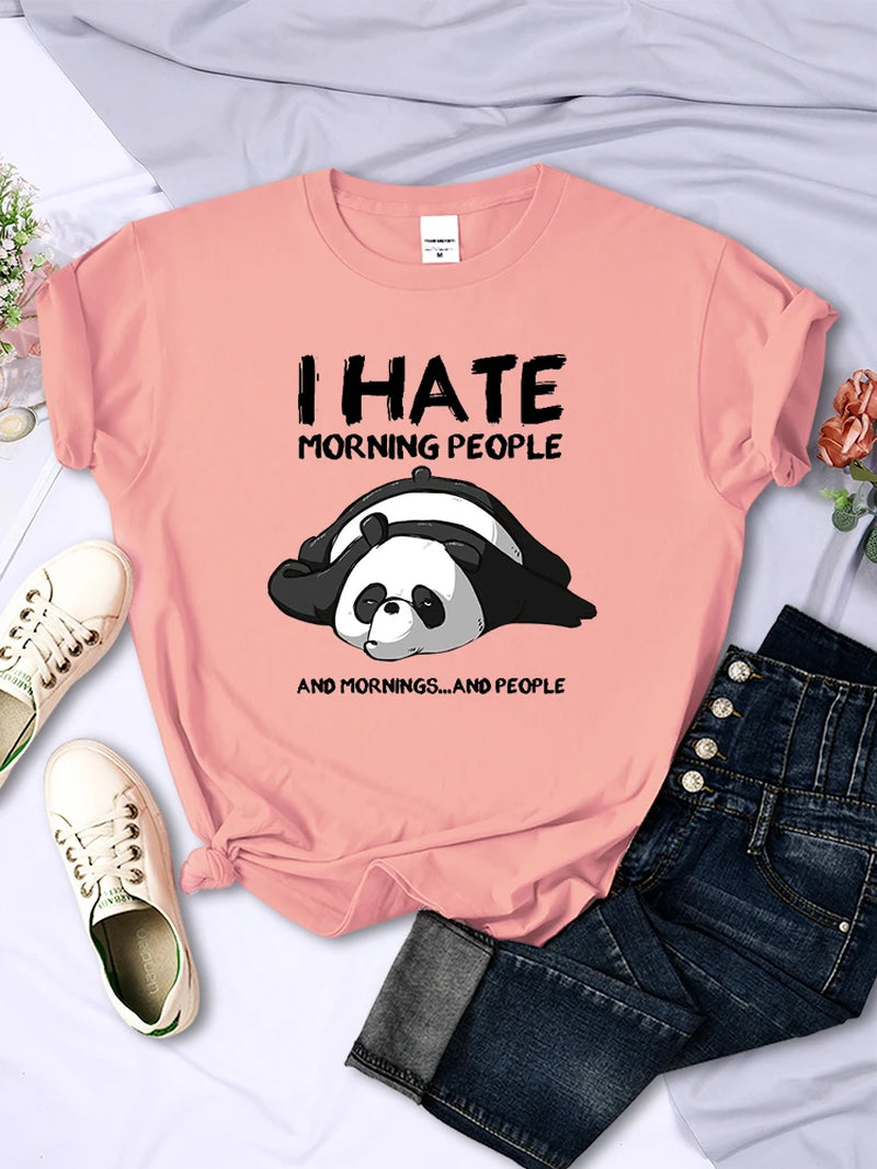 Lazy Panda I Hate Morning People Women Short Sleeve Fashion Creative All-Math Clothing Street Hip Hop O-Neck Tops Womans T-Shirt