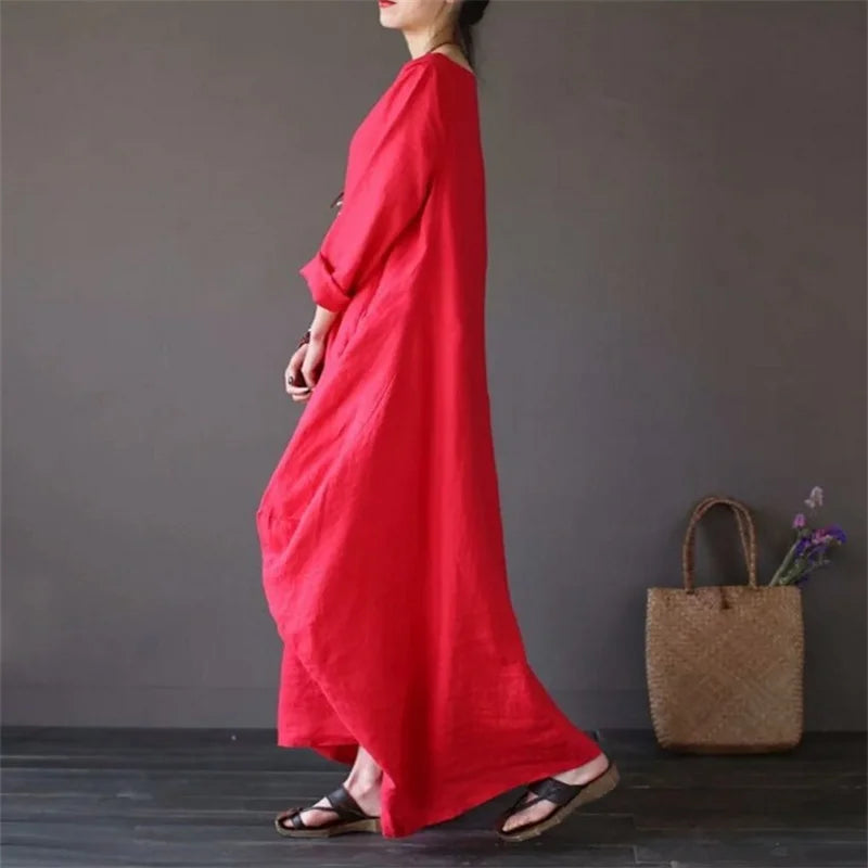2022 Spring New Loose Size round Neck Mid-Sleeve Large Swing Cotton and Linen Long Dress