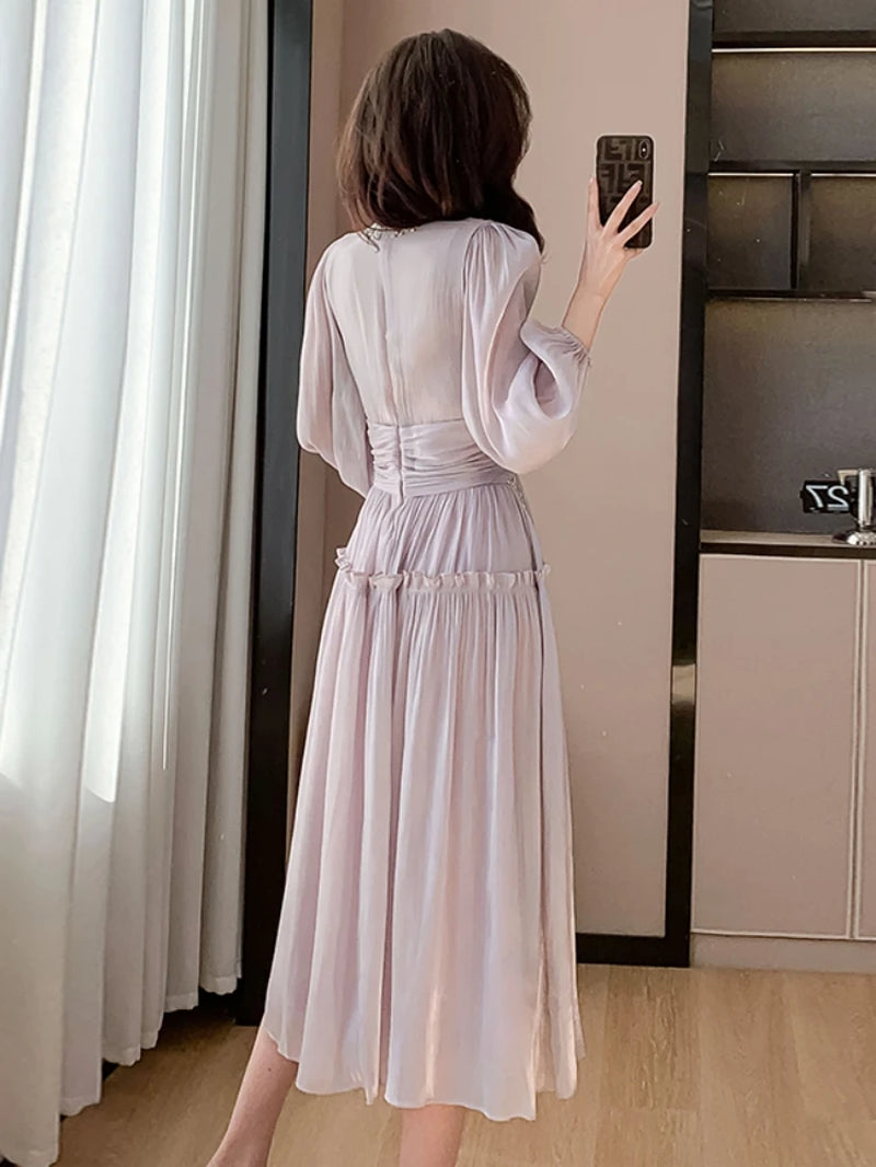 French Luxury Folds Bright Silk Party Midi Dresses for Women'S Stand Lantern Sleeve Diamonds Tassels Prom Clothes Vestidos Robe