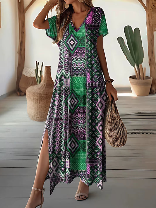 Retro Floral Print Dresses for Women'S plus Size V-Neck Female Long Dresses Elegant Short Sleeve Dress Fashion Summer 2024