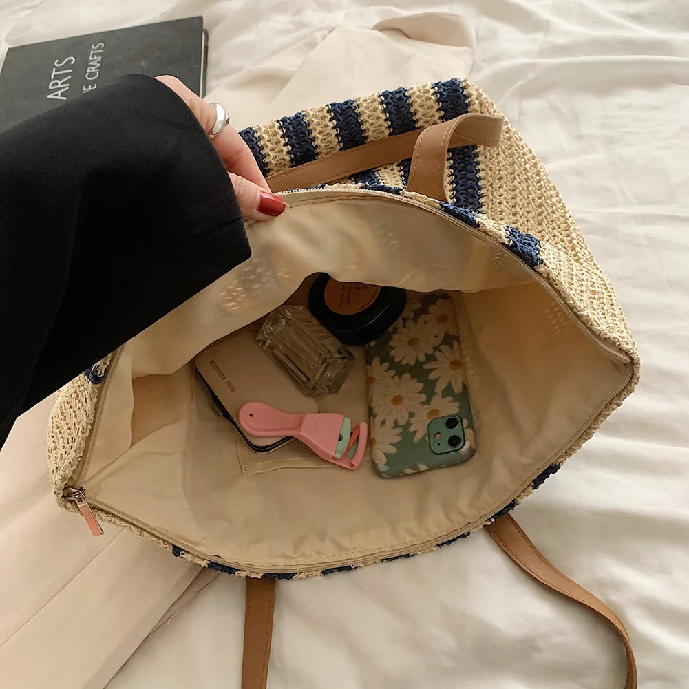 Summer Straw Woven Top-Handle Handbags Casual Large Capacity Women Shoulder Bags Shopping Bags Beach Vacation Female Totes Bags