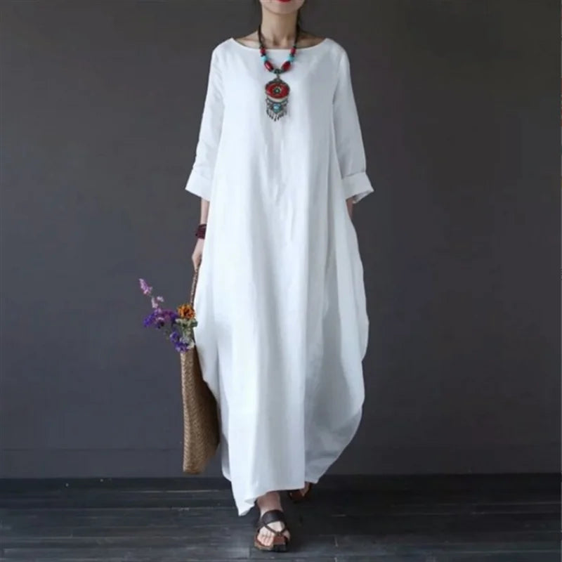 2022 Spring New Loose Size round Neck Mid-Sleeve Large Swing Cotton and Linen Long Dress