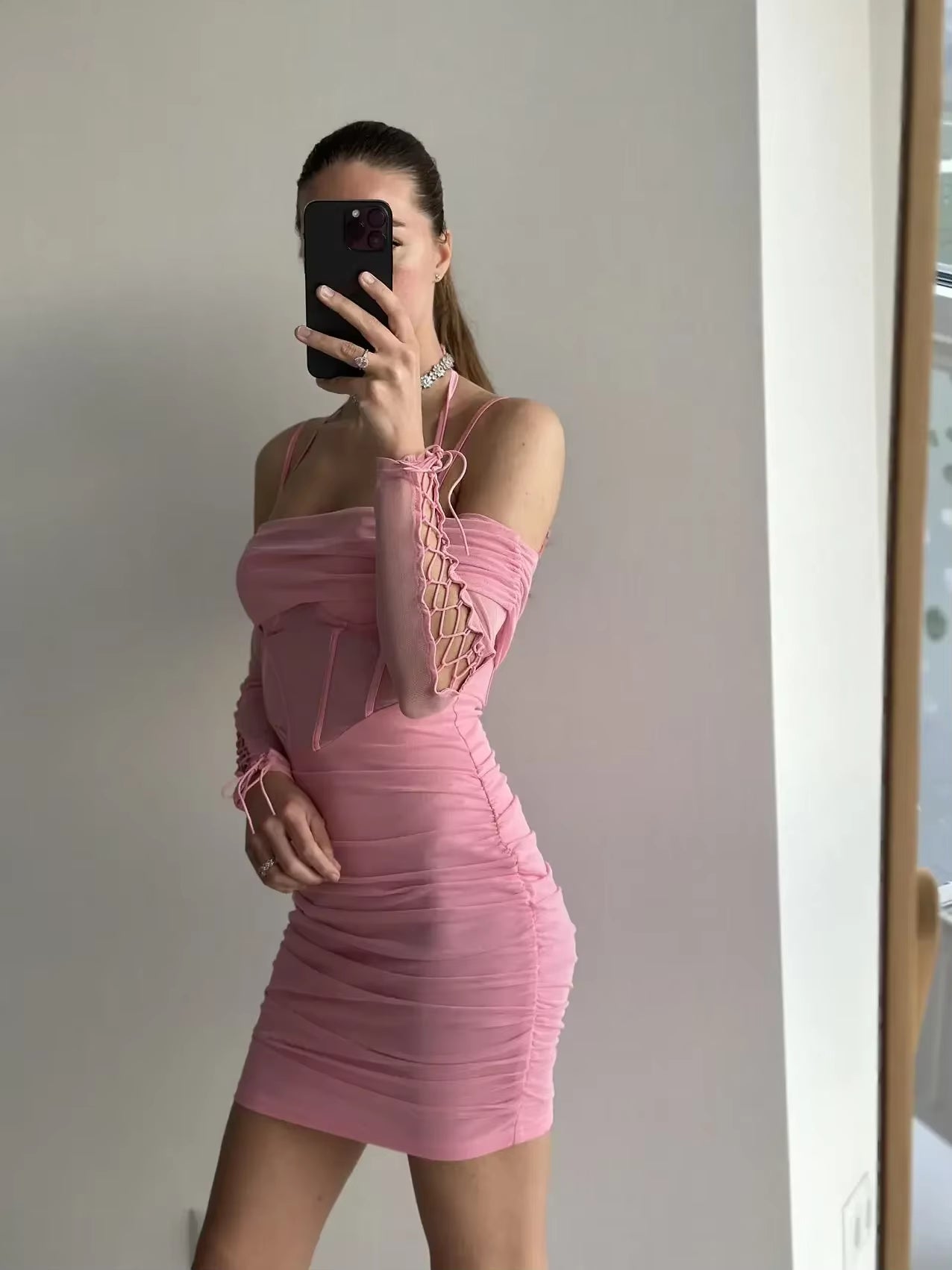 Mingmingxi Elegant off the Shoulder Mesh Dress Sexy Halter Boning Bodycon Birthday Party Dresses Pink Summer Dresses Women