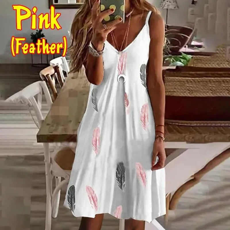 Fashion Women Feather Printed Sleeveless Dresses Comfy Casual Dresses Ladies Elegant Dresses Summer Beach Dresses plus Size XS-5XL