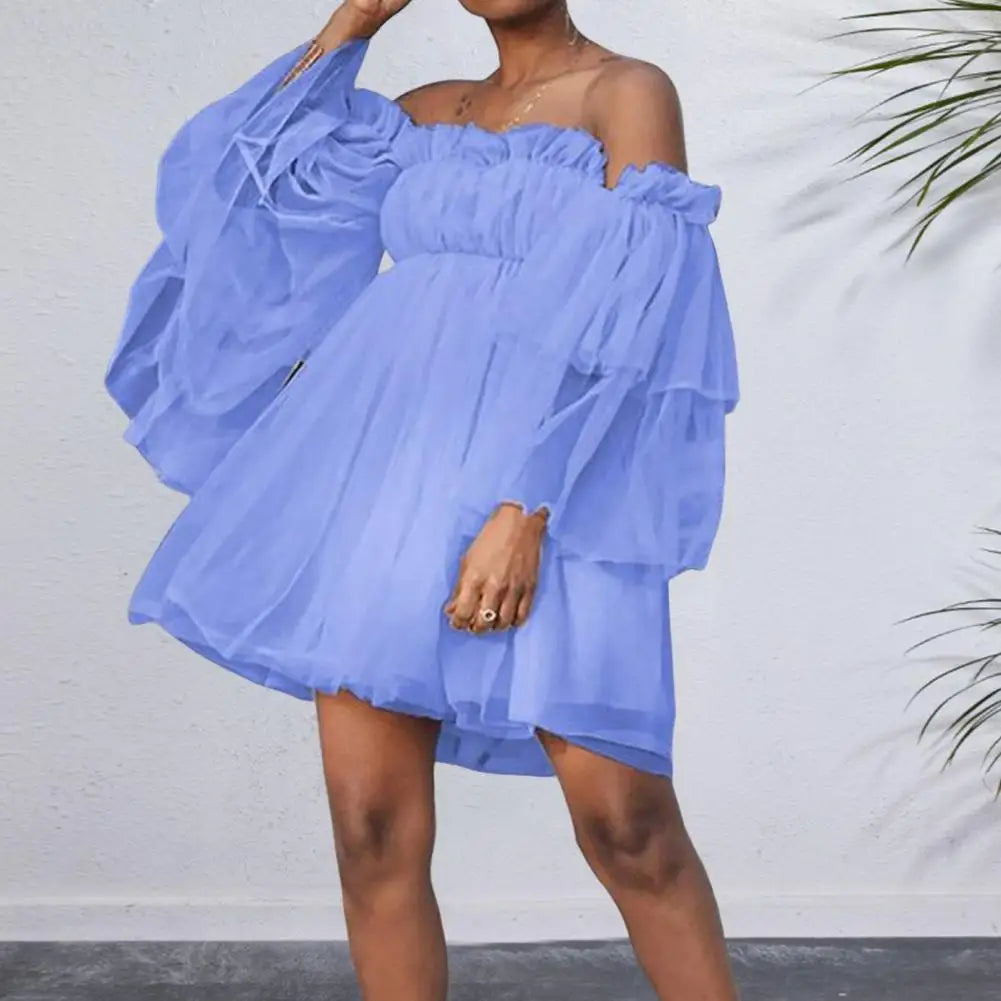 Sweet Style Dress High Waist Tube Top Dress Elegant off Shoulder Mesh Layered A-Line Dress with Long Sleeves for Women for Prom