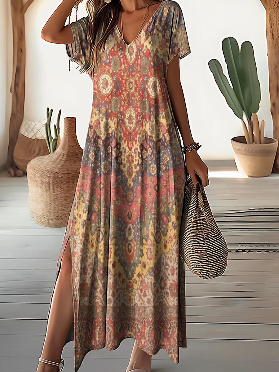 Retro Floral Print Dresses for Women'S plus Size V-Neck Female Long Dresses Elegant Short Sleeve Dress Fashion Summer 2024