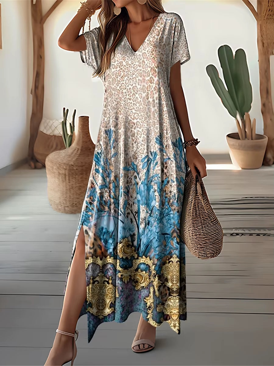 Retro Floral Print Dresses for Women'S plus Size V-Neck Female Long Dresses Elegant Short Sleeve Dress Fashion Summer 2024