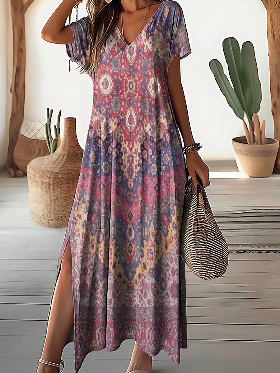 Retro Floral Print Dresses for Women'S plus Size V-Neck Female Long Dresses Elegant Short Sleeve Dress Fashion Summer 2024